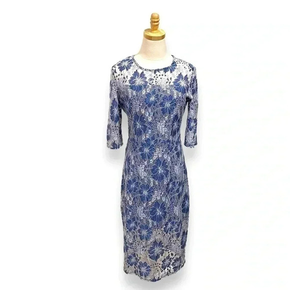 Anthropologie VONE Blue White Floral Lace Guipure Cocktail Mini Dress Small - Picture 1 of 8